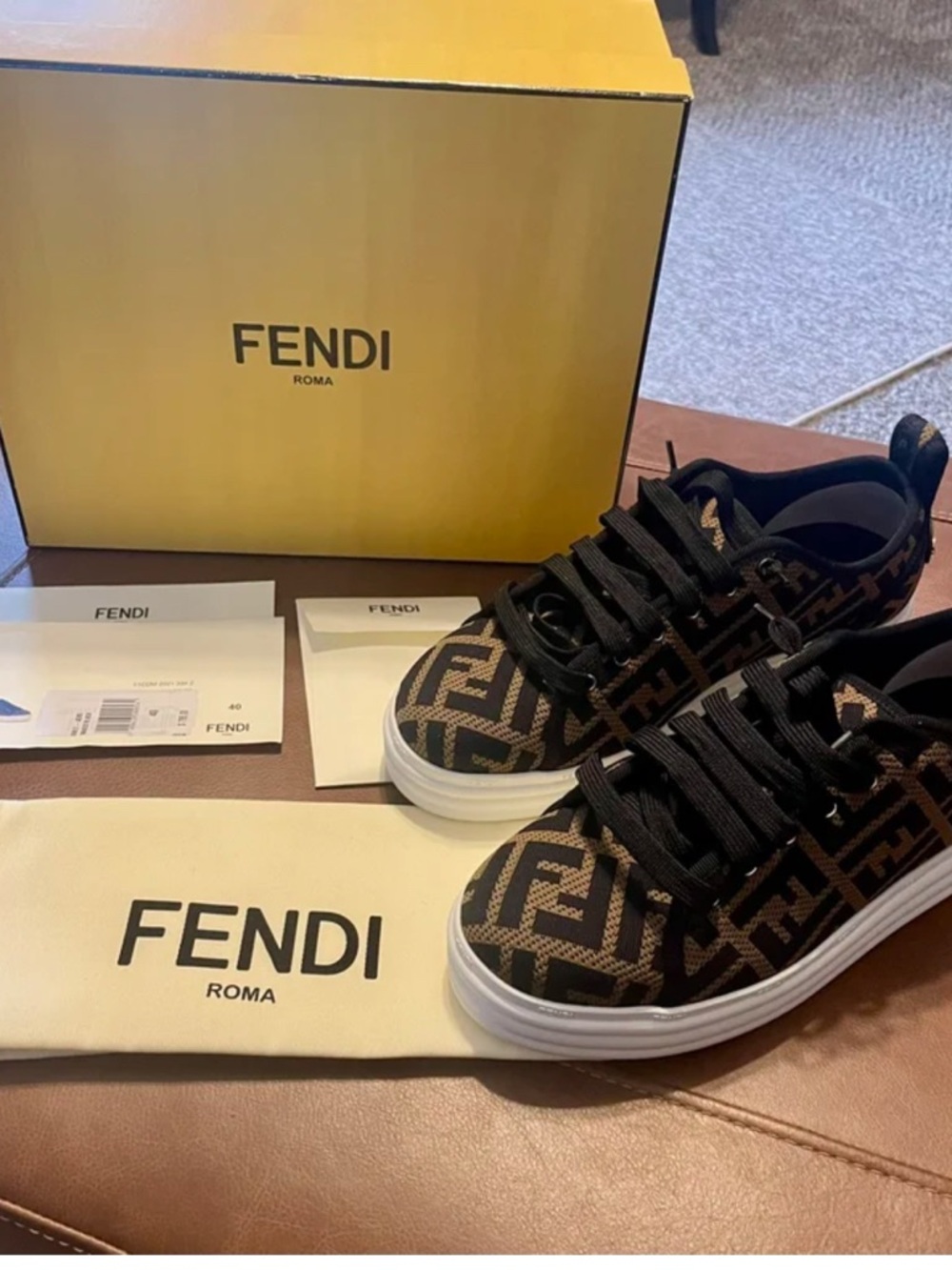 Fendi Black and Brown FF Logo Low-Top Sneakers NWT